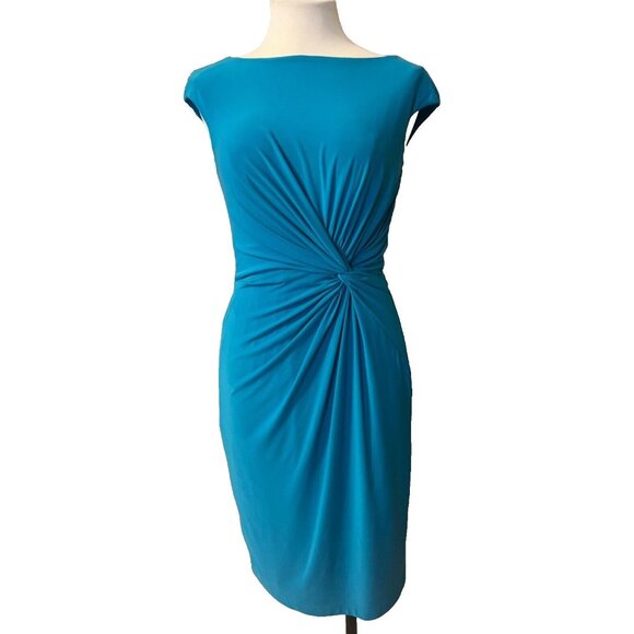 Ralph Lauren Dress 8 Stretch Sheath Blue Green Washable Knot Career Church - Picture 1 of 12